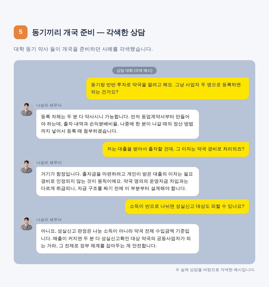 약국 공동개국 상담 카카오톡 대화 각색 예시