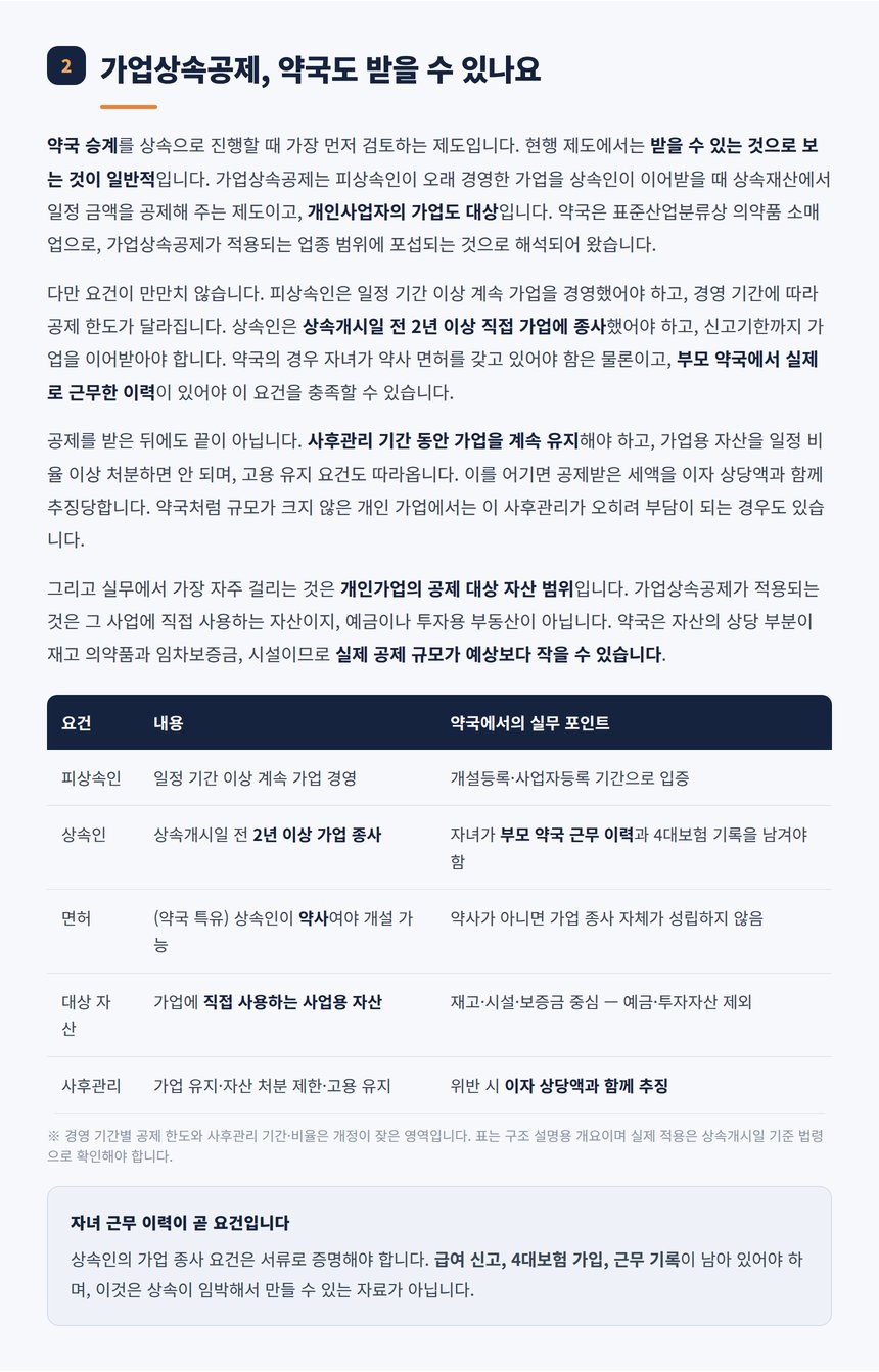 가업상속공제 요건과 약국 적용 시 실무 포인트 표