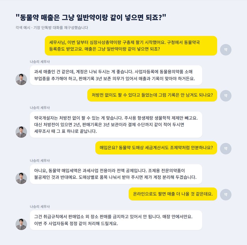 기장 단톡방 각색 예시 - 동물약 매출과 매입세액 처리 상담