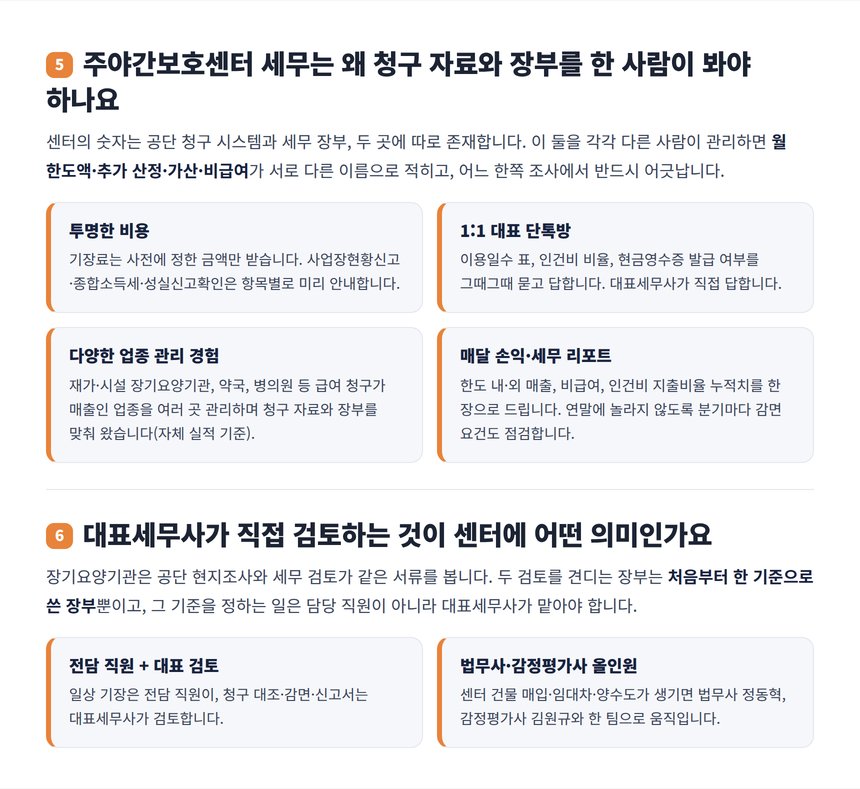주야간보호센터 세무 관리 원스톱 팀과 대표세무사 직접 검토
