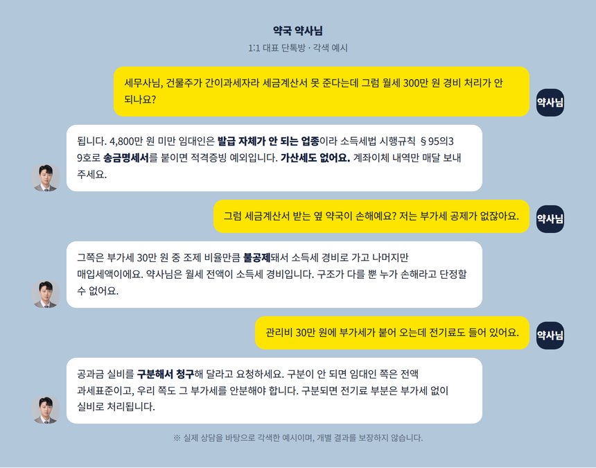 약국 약사님과 대표세무사의 1:1 단톡방 대화 각색 예시