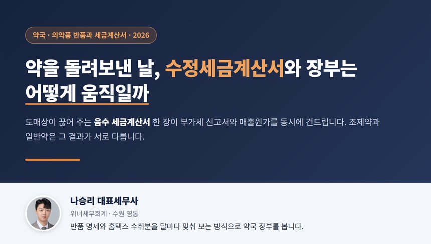 약국 반품 세무사 대표 이미지, 의약품 반품과 수정세금계산서 흐름 안내
