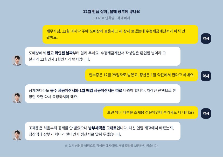 연말 반품 상자와 수정세금계산서 도착 시점에 관한 단톡방 각색 예시