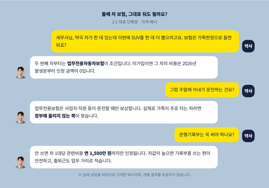 약사와 세무사의 단톡방 각색 예시, 두 번째 차량 보험과 운행기록부 문의