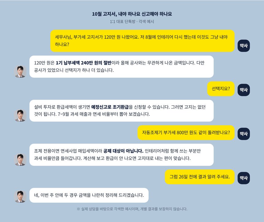 10월 고지서를 두고 약사와 세무사가 나눈 단톡방 대화 각색 예시