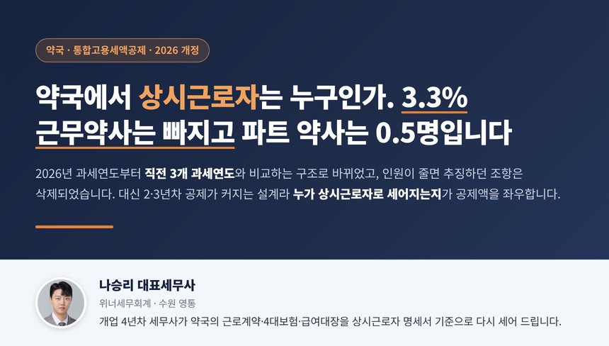 약국 고용세액공제 세무사 대표 이미지, 근무약사와 전산원을 둔 약국의 2026년 통합고용세액공제 요점